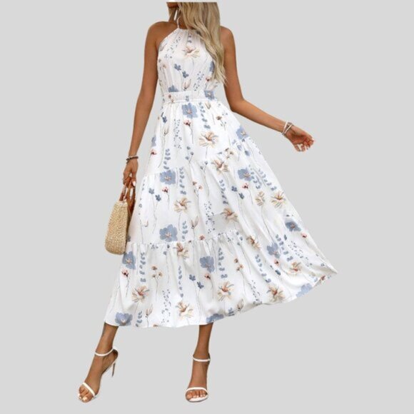 Floral Print Halter Neck Cinched Waist Dress White - Picture 3 of 6